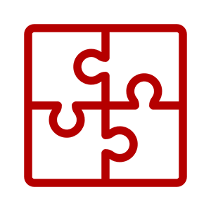 Red outline of a four-piece puzzle icon.